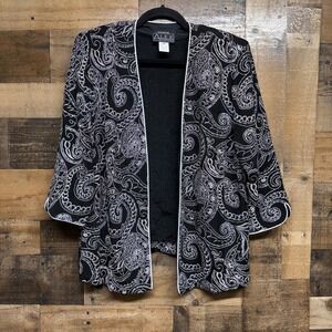 Alex Evenings Womens 1X Black Paisley Print Open Front Kimono Jacket
